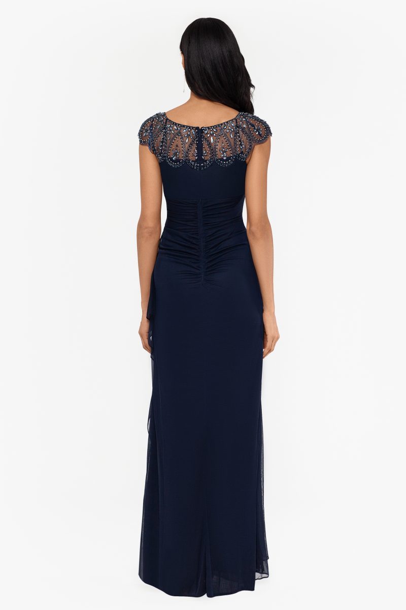 "Paisley" Jersey Knit Beaded Mesh Gown